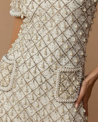 Ivory Pearl Embellished Short Sleeve Mini Dress