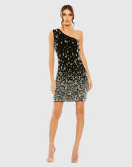Black One Shoulder Crystal Drop Dress