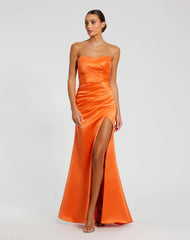 Strapless Gathered High Slit Gown