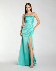 Strapless Gathered High Slit Gown