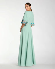 Green Crepe 3/4 Sleeve A-line Gown With Flower Trim