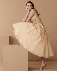 Beige Floral Embellished Strapless A-Line Midi Dress