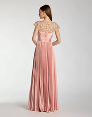Pink Pleated Charmeuse Embellished Cap Sleeve Gown