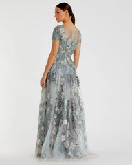 Green Floral Embroidered Short Cap Evening Gown - FINAL SALE