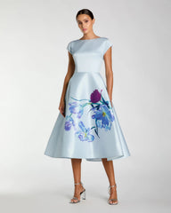Satin Cap Sleeve Midi Dress With Floral Print