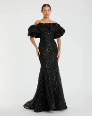 Black Embellished Mermaid Gown With Off The Shoulder Ruffle