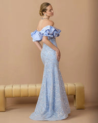 Beaded Mermaid Gown With Off The Shoulder Ruffle