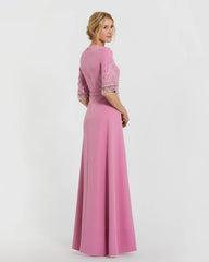 Pink Crepe A Line Gown With Beaded 3/4 Sleeves