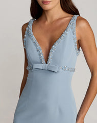 Blue Crepe Fitted Midi Dress With Bow And Beaded Trim
