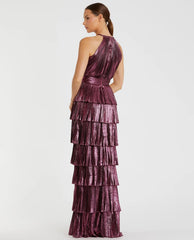 Purple Metallic Halter Neck Tiered Ruffle Gown - FINAL SALE