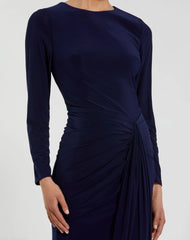 Navy Long Sleeve Fitted Jersey Gown With Ruched Waist