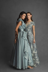 Green Floral Embroidered Short Cap Evening Gown - FINAL SALE