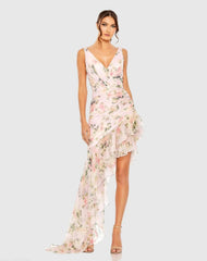 Floral Print Asymmetrical Ruffle Hem Dress