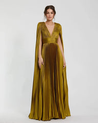 Petite Green Pleated Charmeuse V Neck Gown With Cape