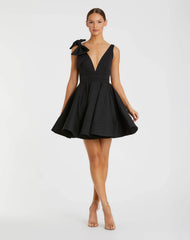 Crepe Sleeveless V-Neck Mini Dress With Bow