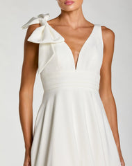 White Sleeveless Plunge Neck Ball Gown With Bow Detail