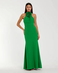 Sleeveless Halter Neck Gown with Rosette Detail