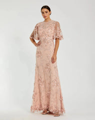 Floral Lace Gown with Sheer Flutter Sleeves