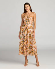 Gold Strapless Floral Micro Ruffle Dress