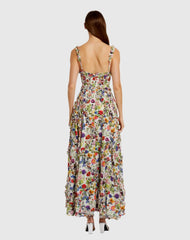 Multicolor Ruffle Scoop Neck Floral A-Line Dress