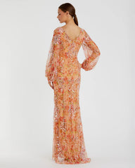 Orange Floral Print Sequined Puff Sleeve Gown - FINAL SALE