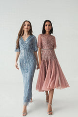 Blue Sequined V Neck Cape Sleeve Gown - FINAL SALE
