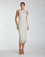 White Pearl Embellished Sleeveless Midi Dress