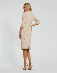 Beaded Trim Boucle Midi Dress with 3/4 Sleeves