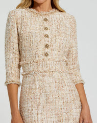 Petite Beige Beaded Trim Boucle Midi Dress with 3/4 Sleeves