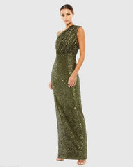 Petite Dark Green Sequined Ruched One Shoulder Gown