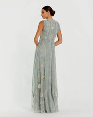 Petite Green Floral Mesh Sleeveless A Line Micro Ruffle Gown