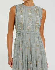 Petite Green Floral Mesh Sleeveless A Line Micro Ruffle Gown