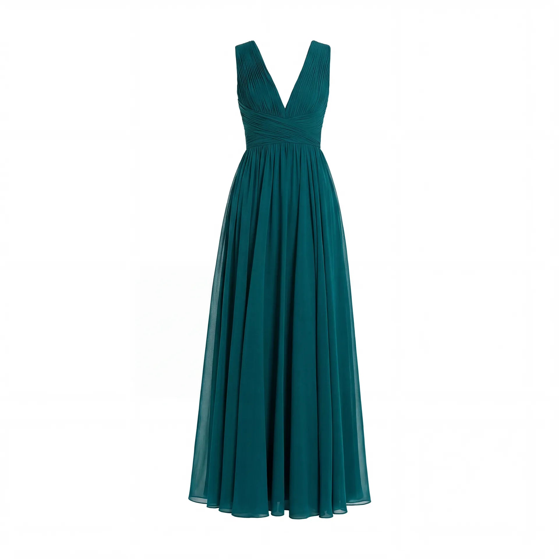Teal Sleeveless Ruched V Neck Chiffon Gown