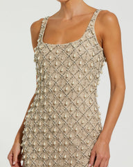 Beige Beaded Scoop Neck Midi Dress
