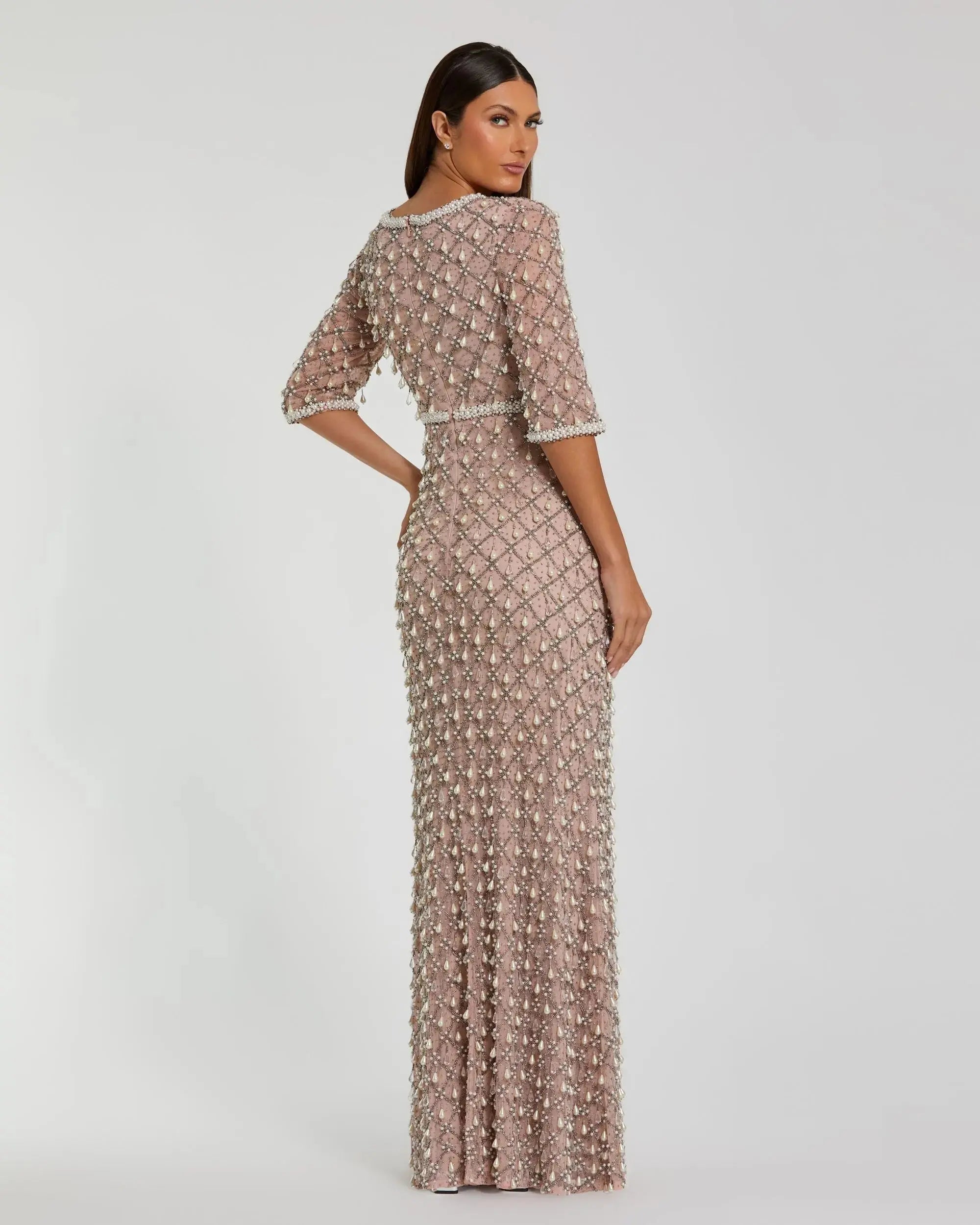 Pink Pearl Embellished 3/4 Sleeve Gown