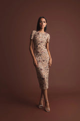 Beige Floral Embellished Short Sleeve Midi Dress