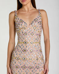 Beige Embellished V Neck Column Gown With Slit