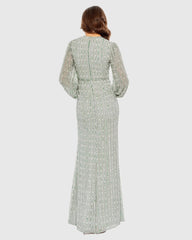 Green Beaded Bishop Sleeve Wrap Gown