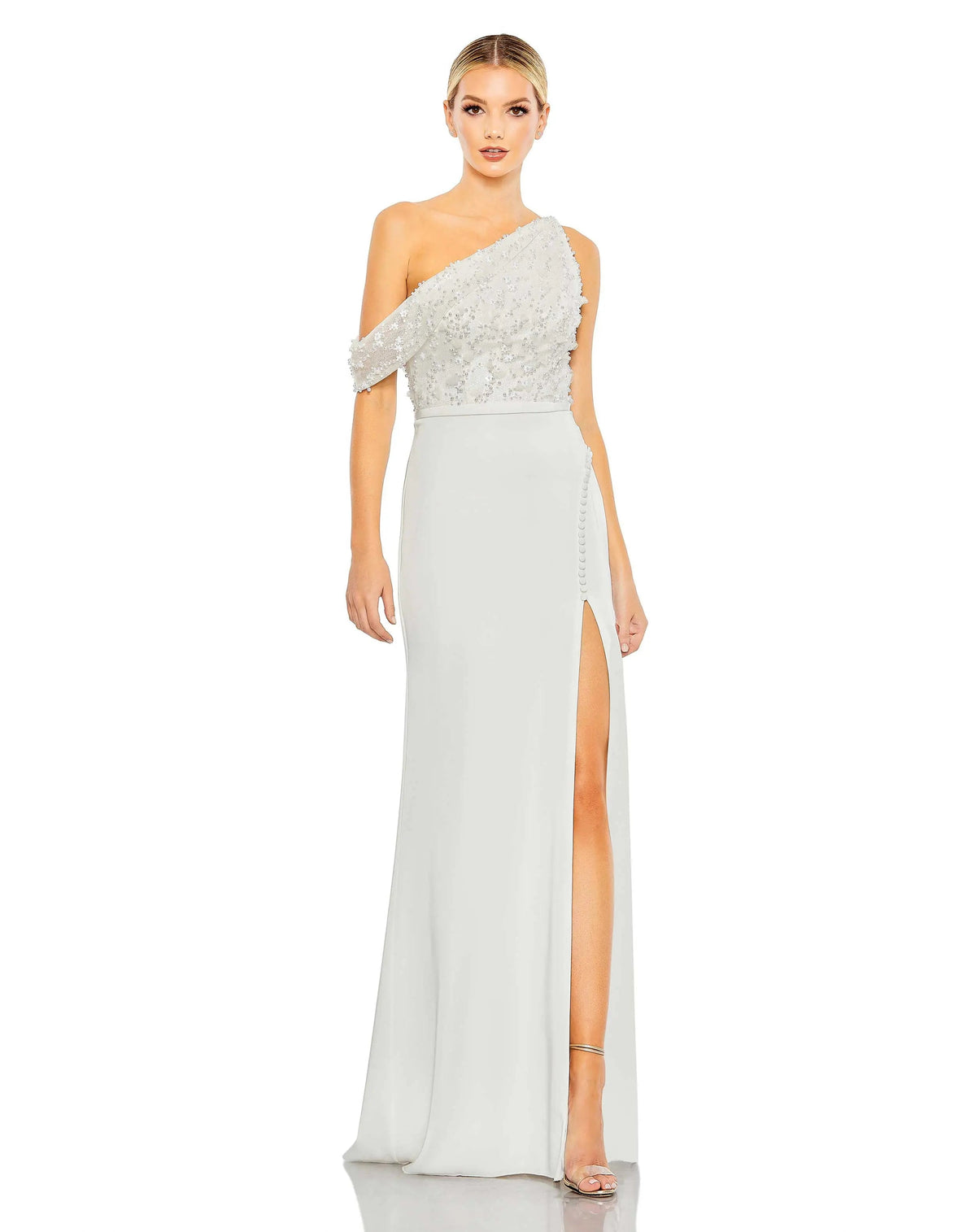 White Embellished Drop Shoulder Column Gown - FINAL SALE