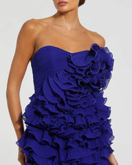 Blue Strapless Tiered Ruffle Mini Dress