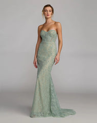 Green Embellished Strapless Bustier Gown With Sweeping Train