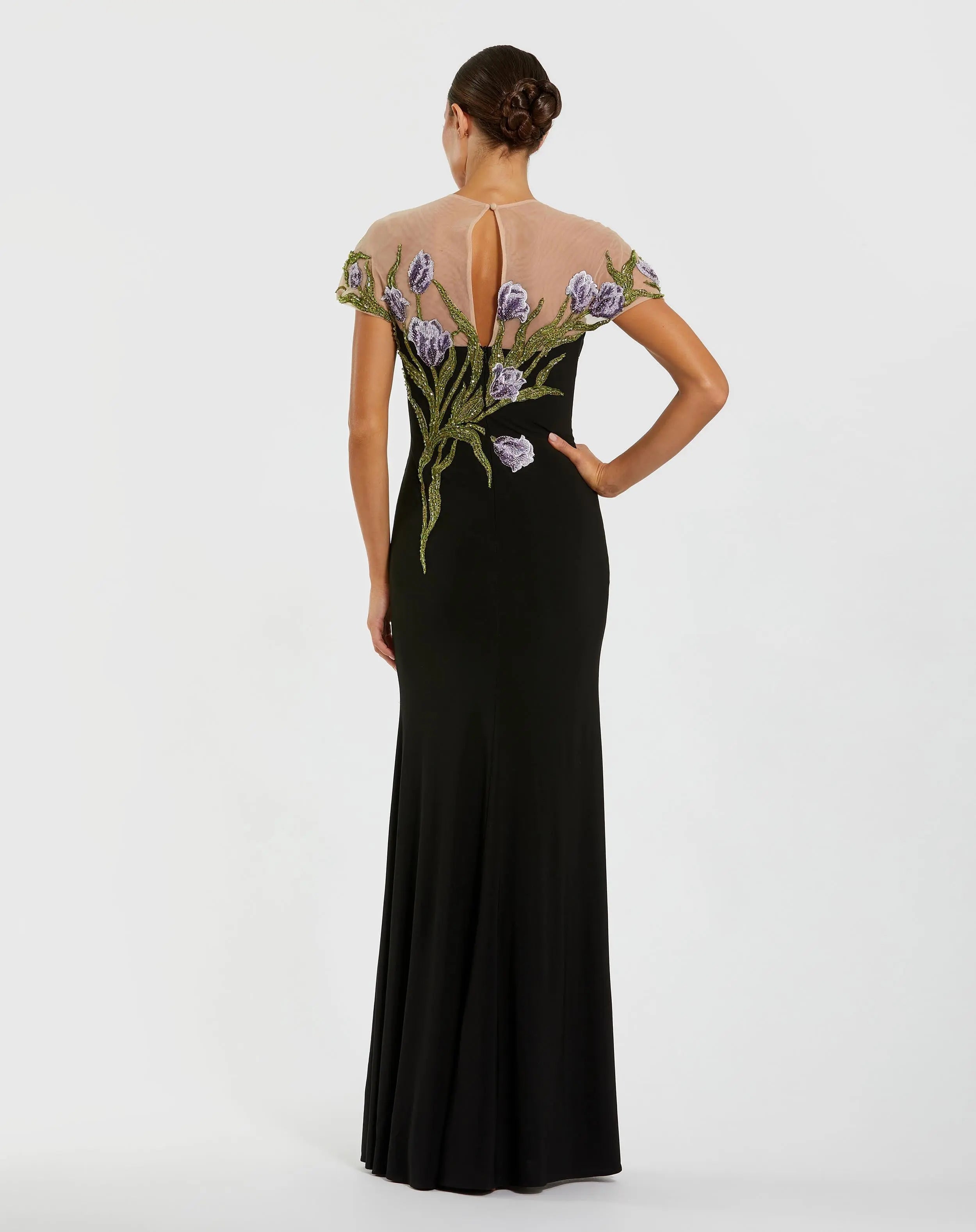High Neck Floral Embroidered Jersey Gown