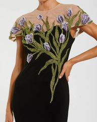 High Neck Floral Embroidered Jersey Gown