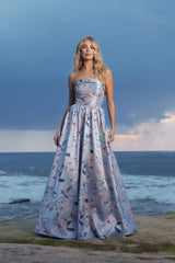 Blue Floral Brocade Strapless Ball Gown