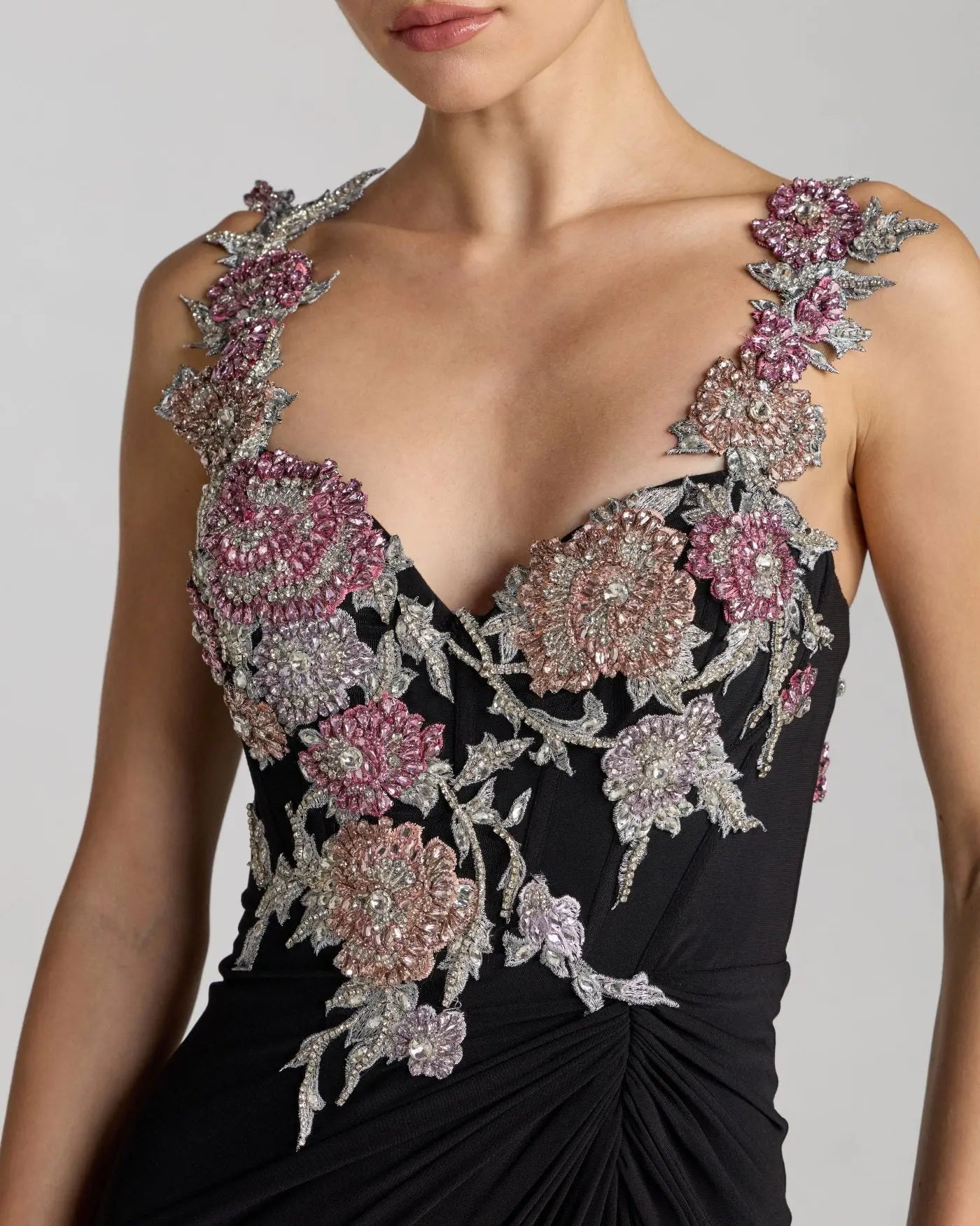 Black Sweetheart Jersey Gown With Beaded Flowers