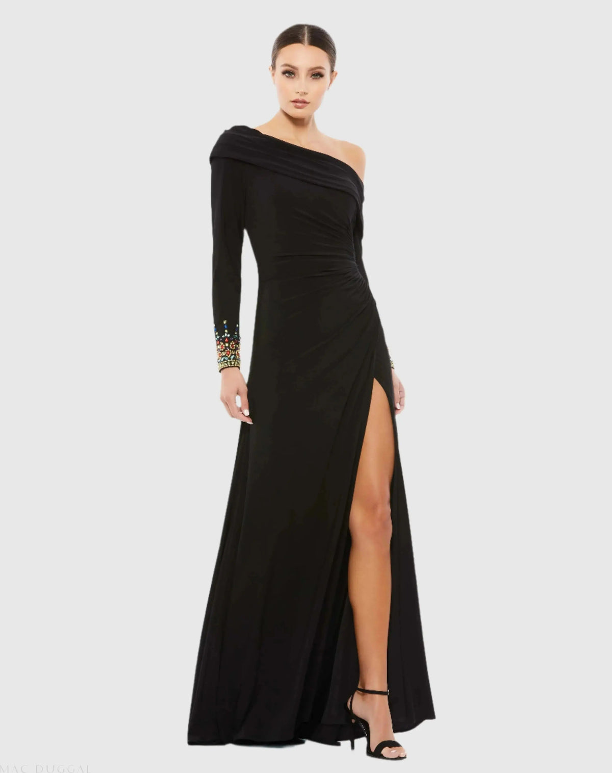 Multicolor Beaded Cuff Drop Shoulder Faux Wrap Gown