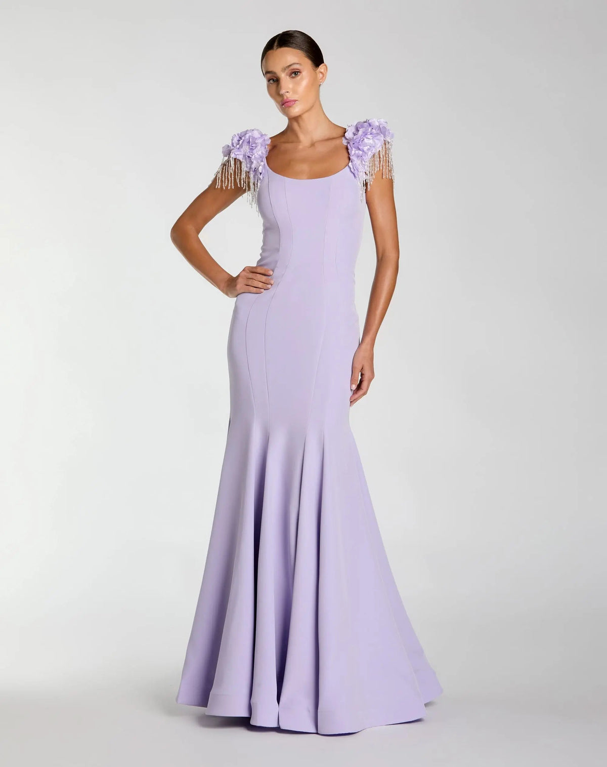 Purple Scoop Neck Mermaid Gown With Embellished Sleeves