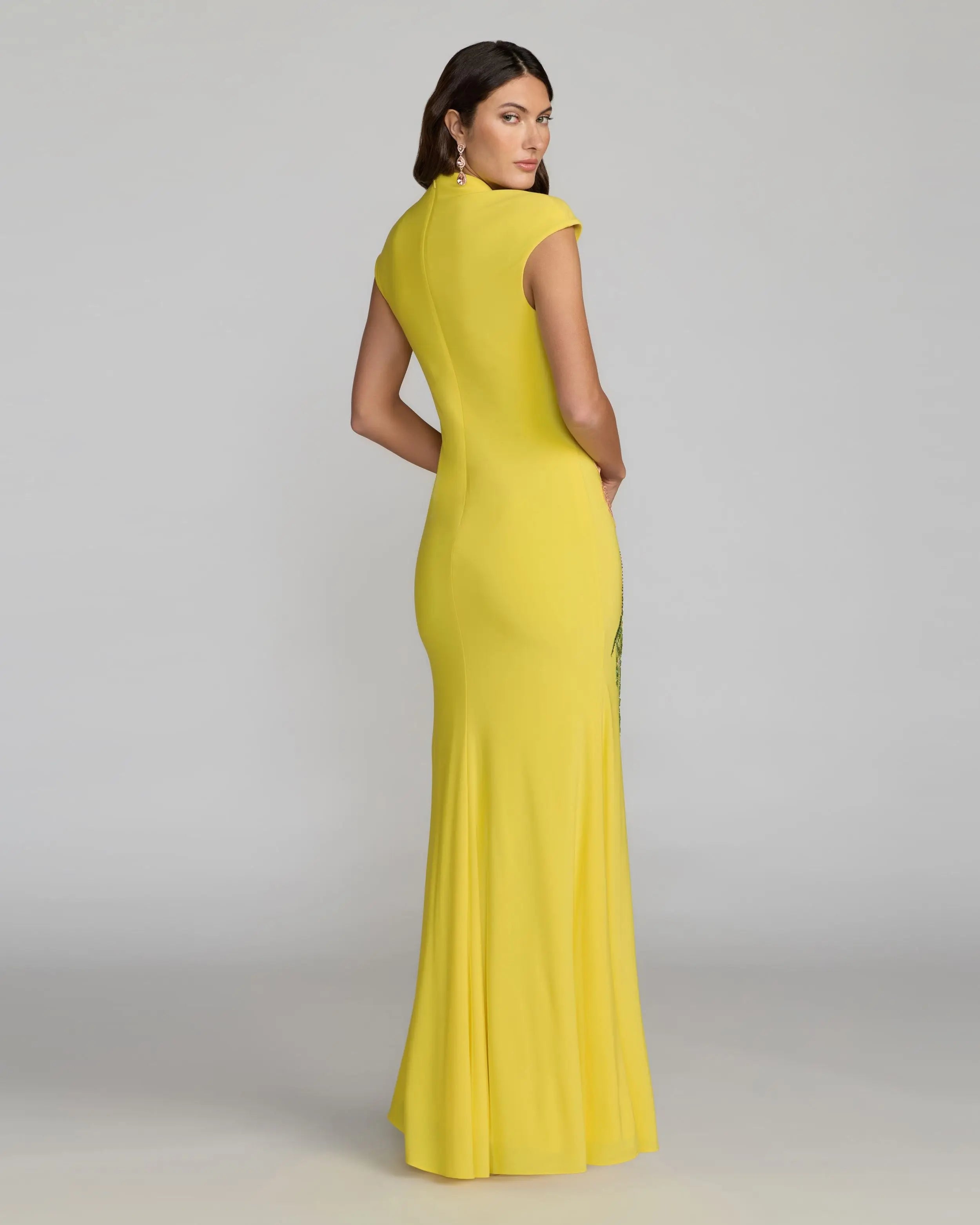 Yellow Floral Appliqué V-Neck Jersey Gown