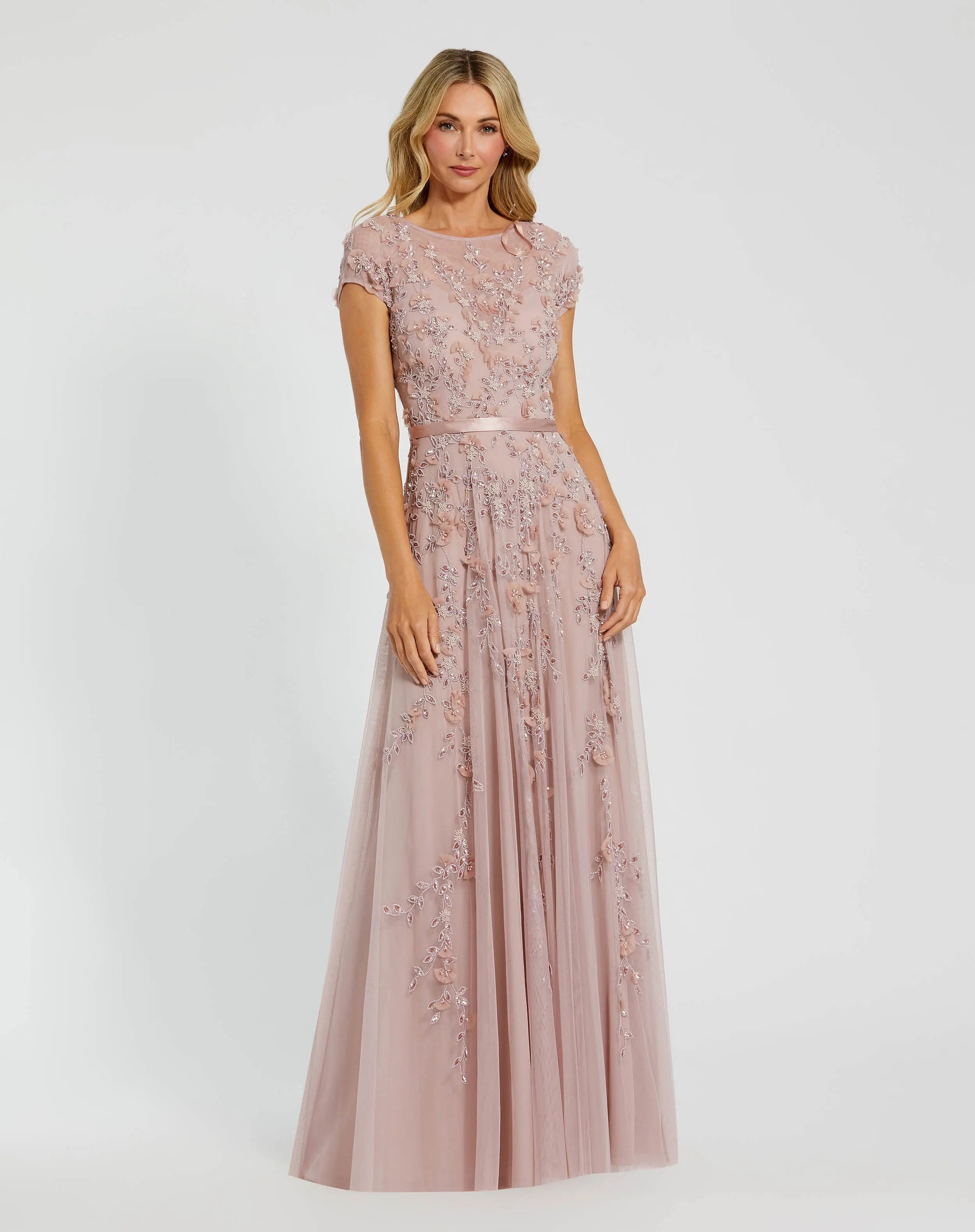 Floral Embellished Cap Sleeve Gown