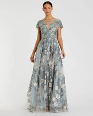 Green Floral Embroidered Short Cap Evening Gown - FINAL SALE